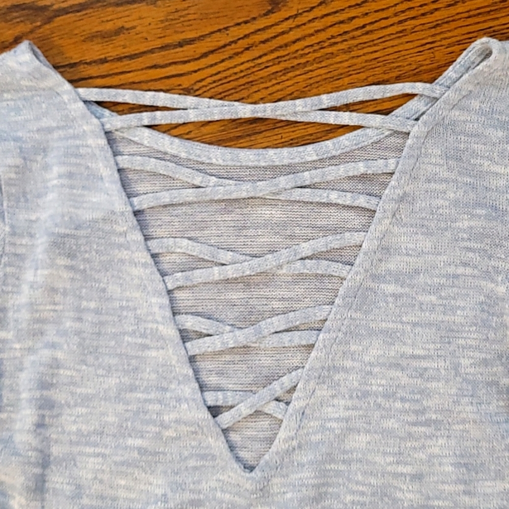 Light Blue Heathered Criss-cross Back Shirt - Long Sleeve Shirt - Picture 3 of 5